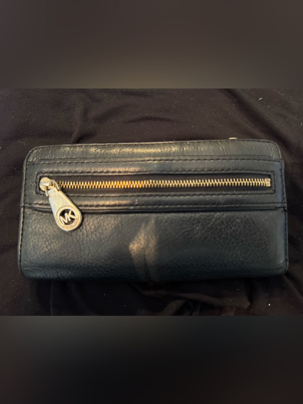 Michael Kors Black Leather Zip Wallet with Gold-Tone Hardware